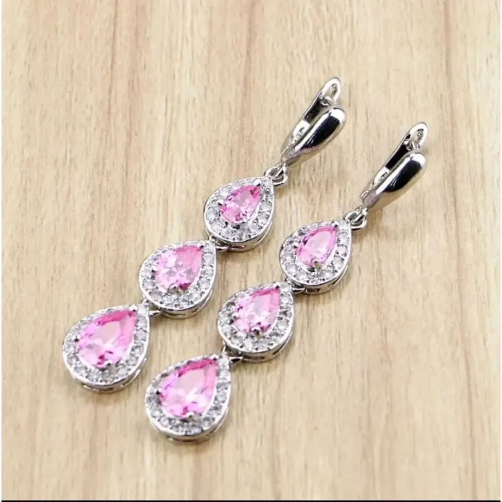 Pink Sapphire Silver Drop Dangle Earrings